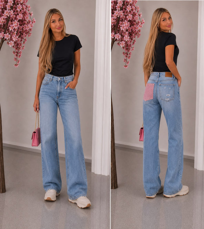 Wide Leg Jeans met Roze Detail